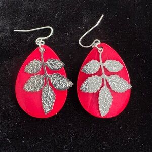 Iridescent NEW Red Resin and Silver Leaf Filigree Dangle Drop Earrings